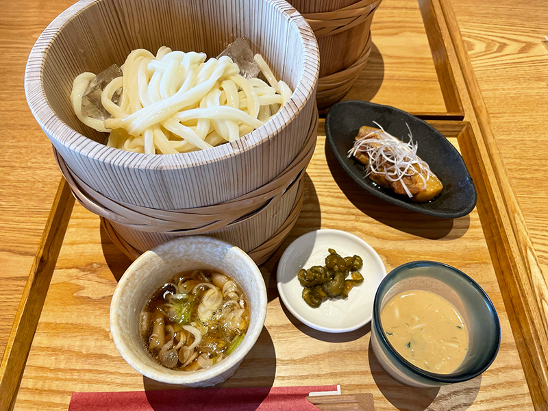 【金笛しょうゆパーク】醤油屋の木桶うどん 2 種のおつゆ ～胡麻味噌すったて汁と葱ぶた肉汁～